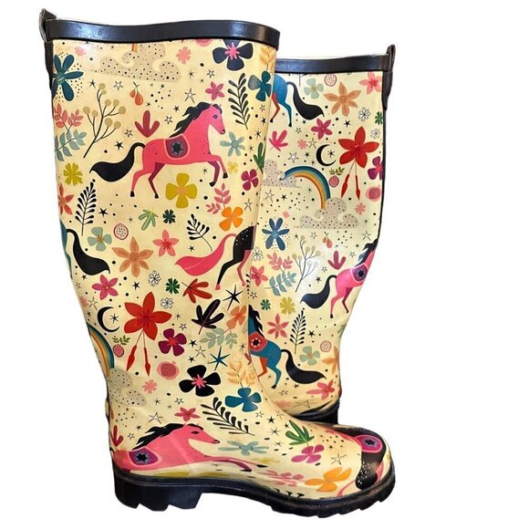 Lone Cone Rain Boots Tall Outdoor Matte Finish Fun Moroccan Horses Womens Size 5 - Picture 7 of 9